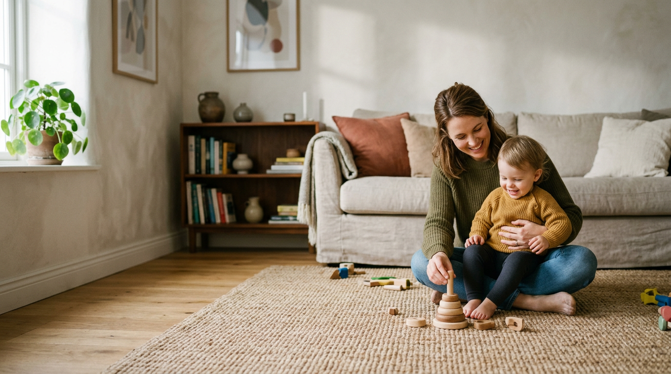 A parent sitting on a rug at home with a toddler on their lap, playing with wooden stacking rings