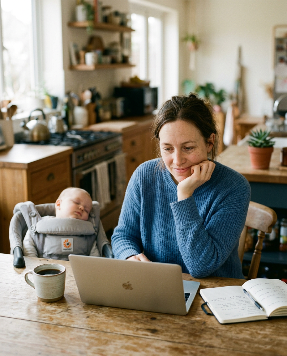 A parent at a kitchen table reading applicants on a laptop while their baby sleeps beside them