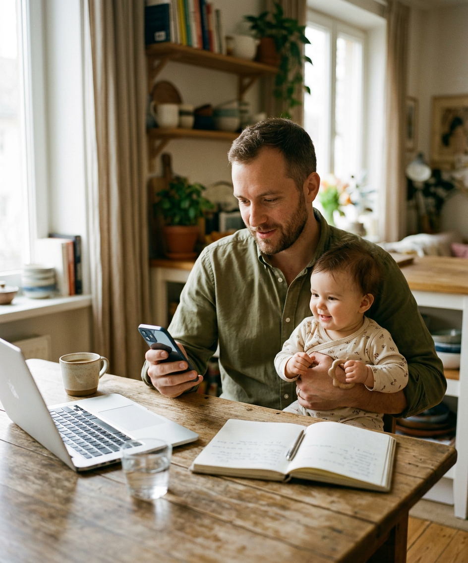 A father at a kitchen table with his baby on his lap, looking at his phone